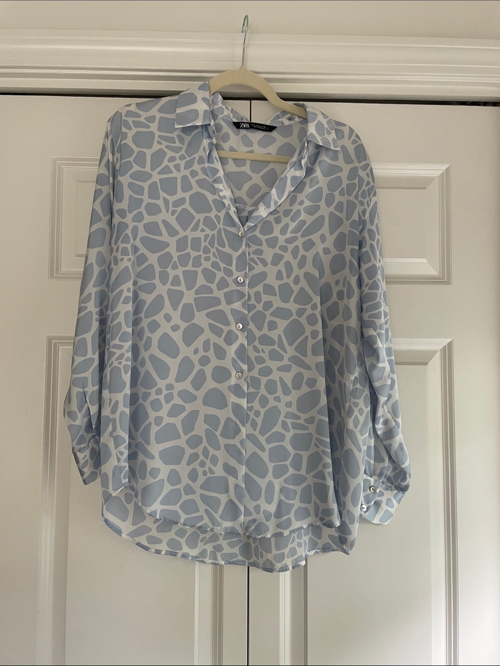 Zara Pale Blue & White Abstract Print Button-Up Blouse
